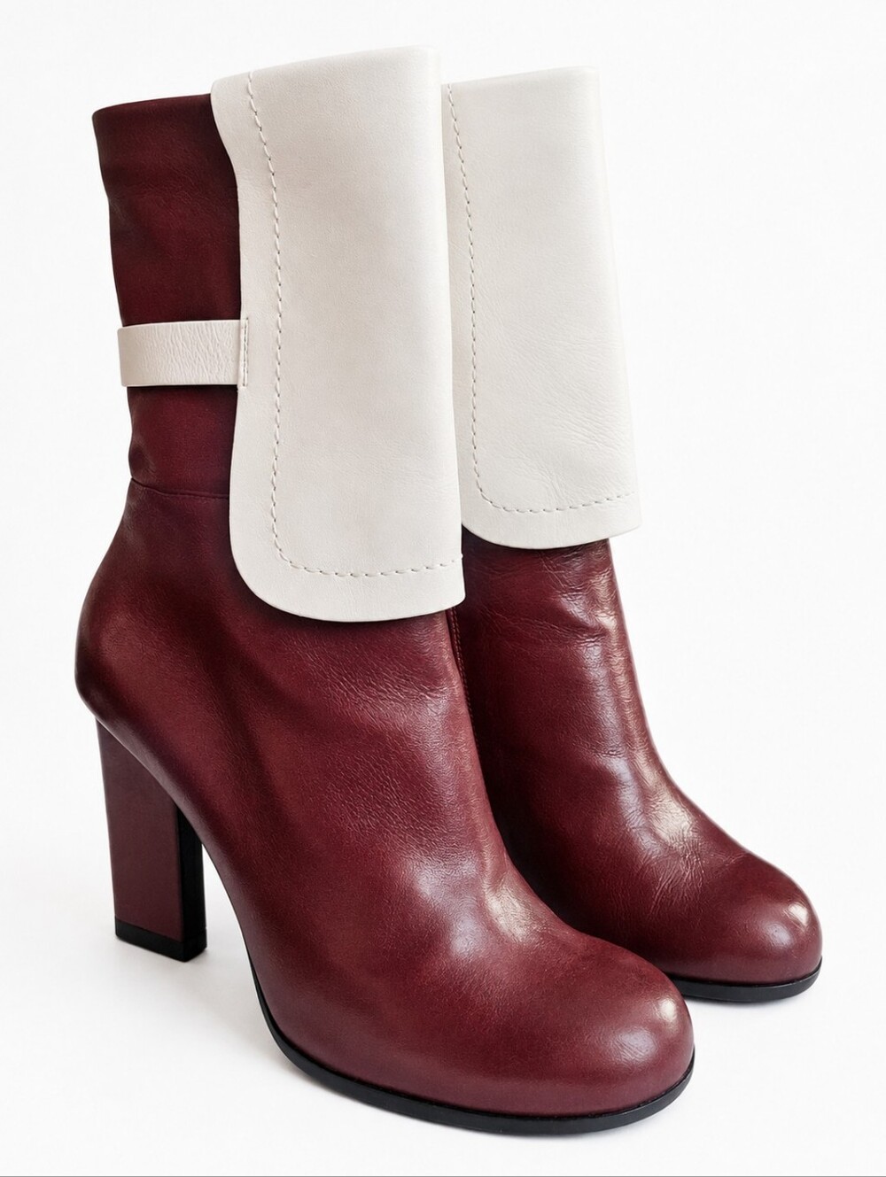 JIL SANDER | Burgundy Ivory Leather Foldover Cuff Ankle Boots Size 37 W/ Box